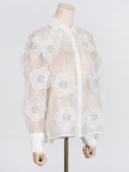 Sheer Floral Button-Up Shirt