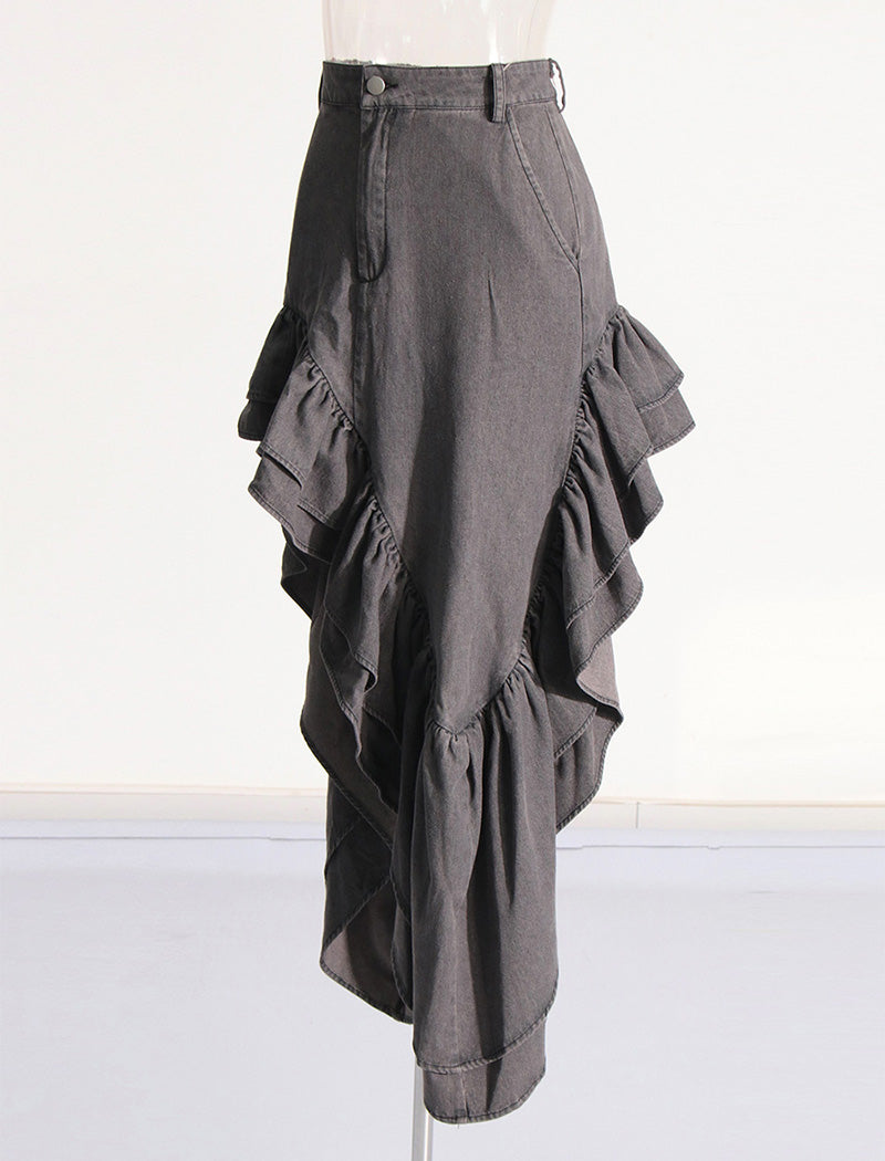 Asymmetrical Ruffle Split-Hem Maxi Skirt