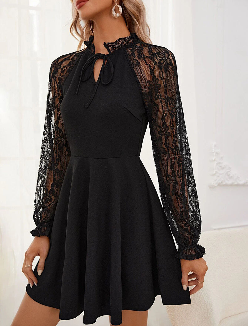 Mock Neck Lace Panel Fit and Flare Dress