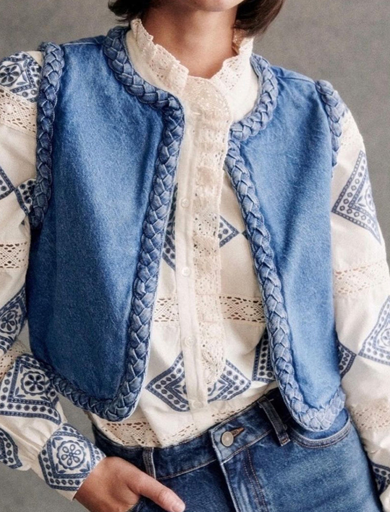 Denim Vest with Braided Trim
