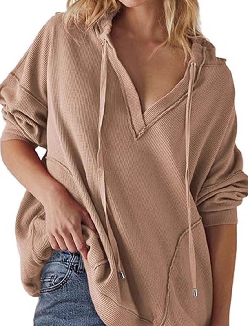 V-Neck Waffle Knit Solid Long Sleeve Hoodie