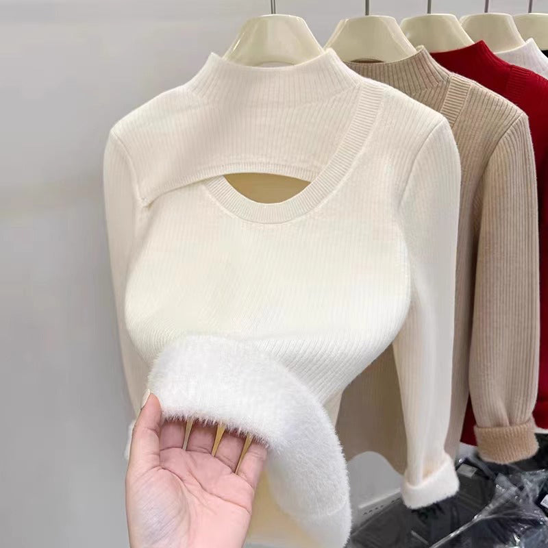 Fleece-Lined Mock Neck Cutout Sweater