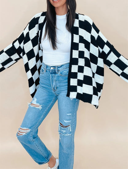 Checkered Open-Front Knit Cardigan