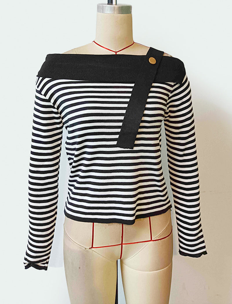 Black and White Striped Off-Shoulder Long Sleeve Top