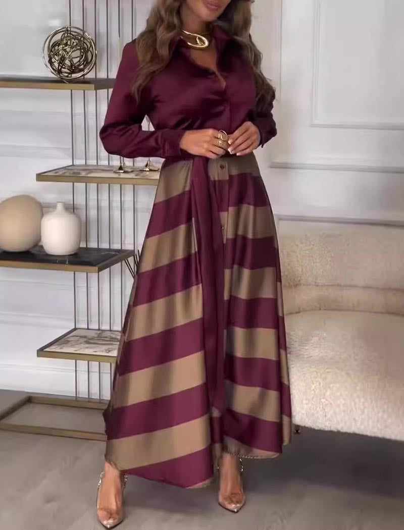 Striped Satin Belted Maxi Skirt