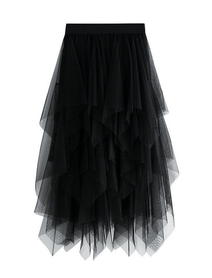 Asymmetric Ruffle Mesh Skirt