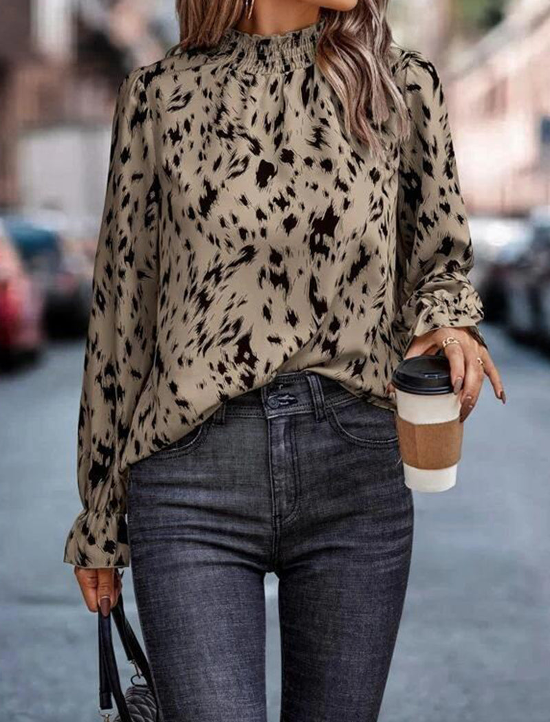 Animal Print High-Neck Blouse