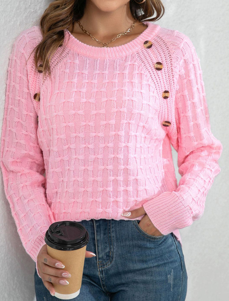 Knitted Sweater with Bow Button Accents