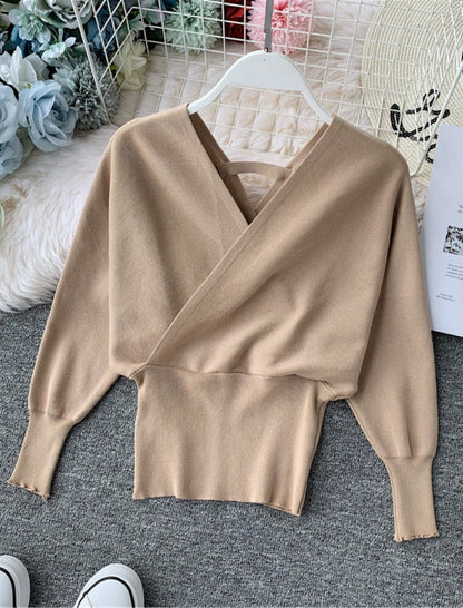 Deep V-Neck Batwing Sleeve Knit Sweater