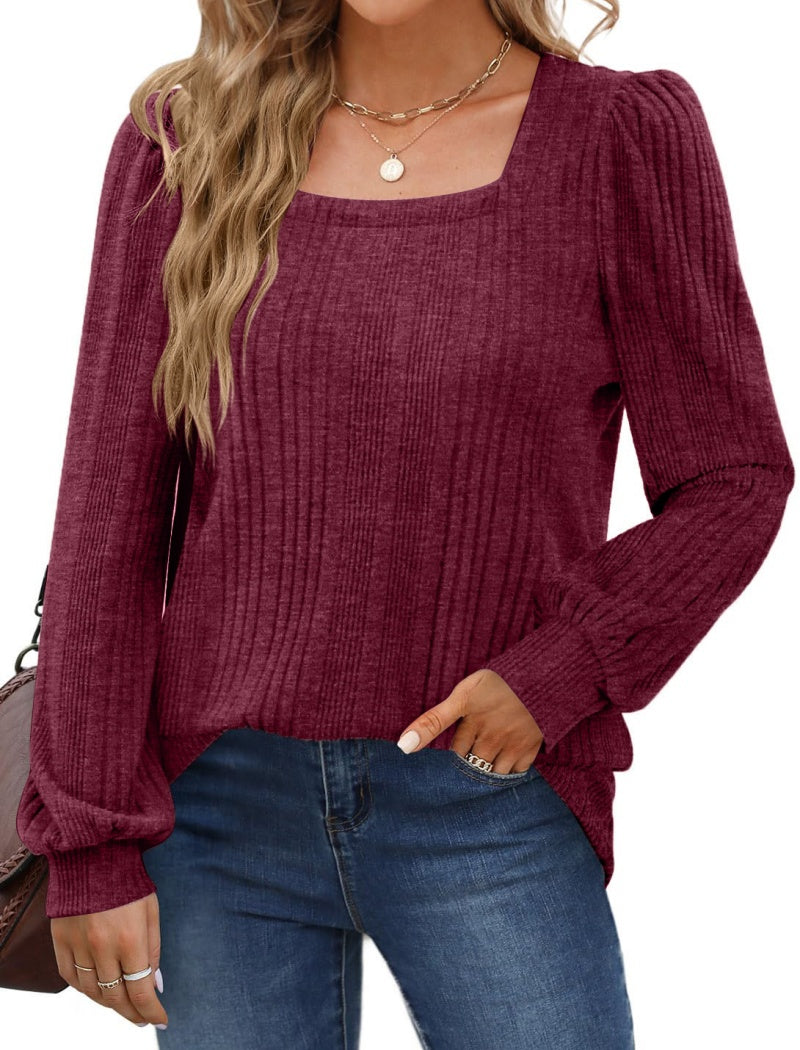 Ribbed Square Neck Long Sleeve Casual Top