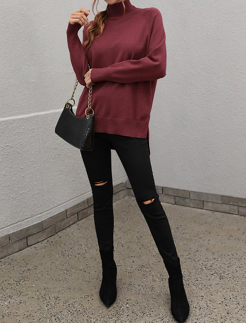 Solid High-Neck Knit Sweater with Side Slits