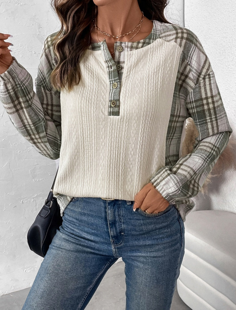 Plaid Sleeve Henley Top