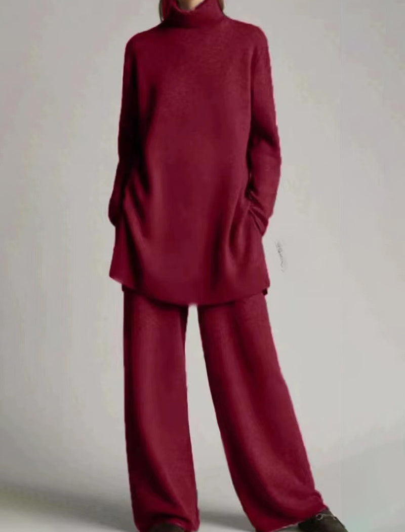 Knitted Solid Color High-Neck Relaxed Two-Piece Set