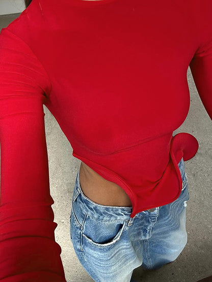 Solid Ruffled Long Sleeve Crop Top