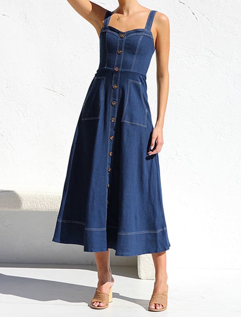 Button-Down Denim Tank Midi Dress