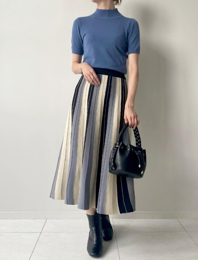 Vertical Stripe Pleated Maxi Skirt