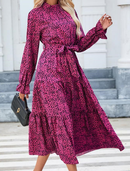 Printed Belted Maxi Dress with Long Sleeves