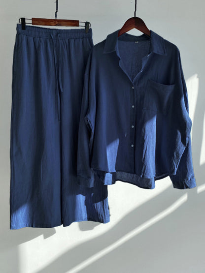 Solid Button-Up Shirt and Wide-Leg Pants Set