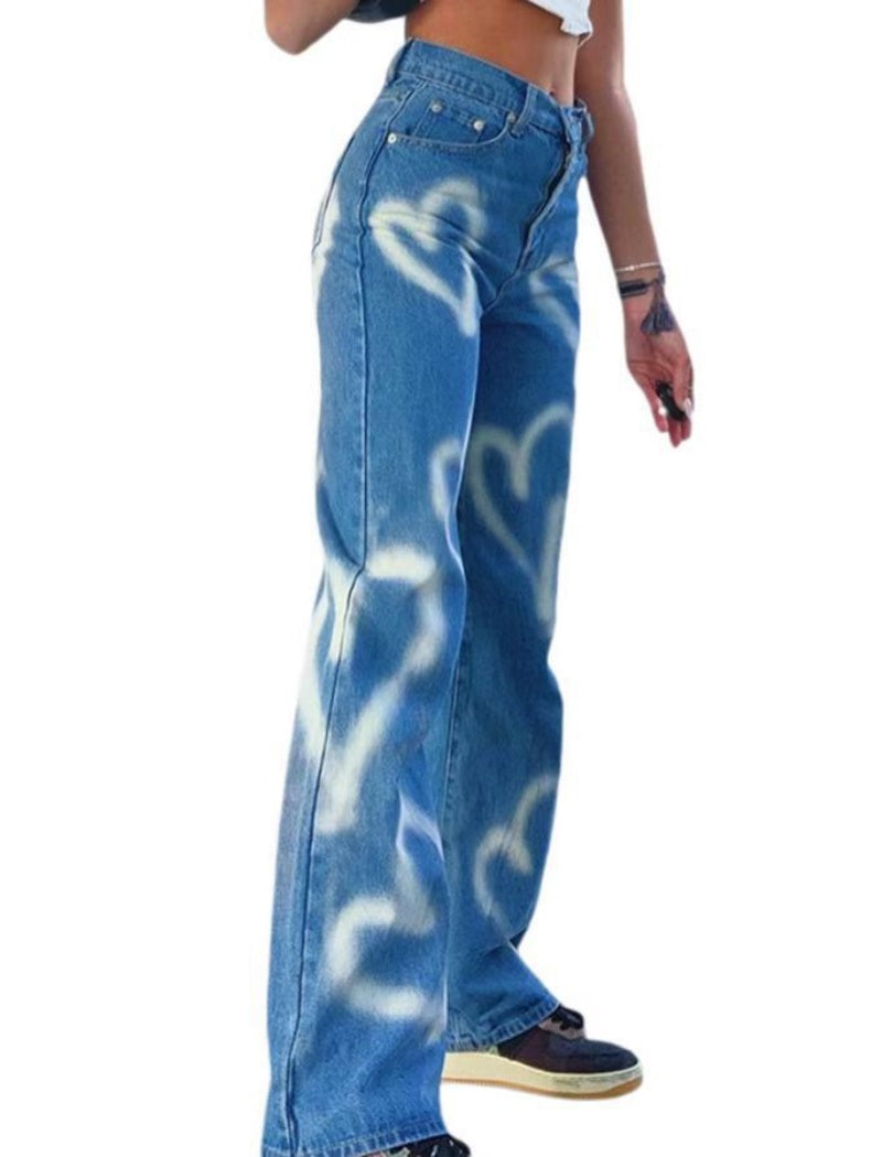 Heart Print Wide-Leg Jeans