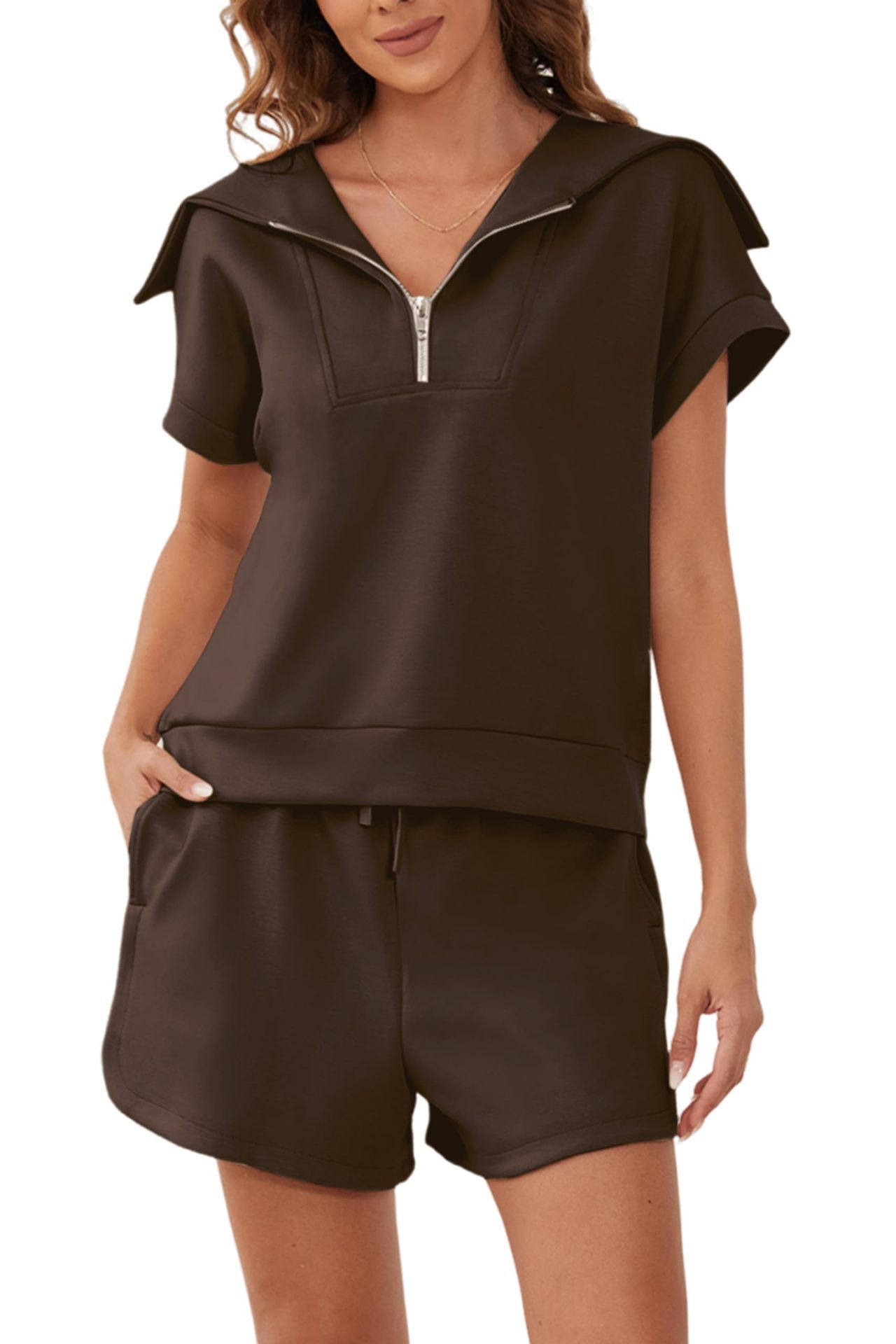 Zip-Up Collar Top and Shorts Set