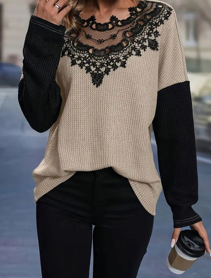 Lace-Panel Cutout Loose Long Sleeve Top