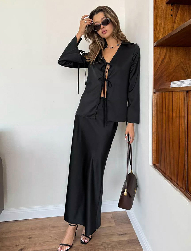 Tie-Front Bell Sleeve Top and Maxi Skirt Set