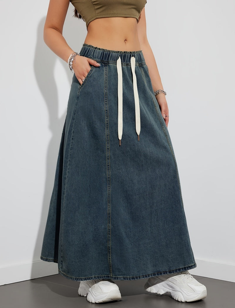 Drawstring Waist Denim Maxi Skirt