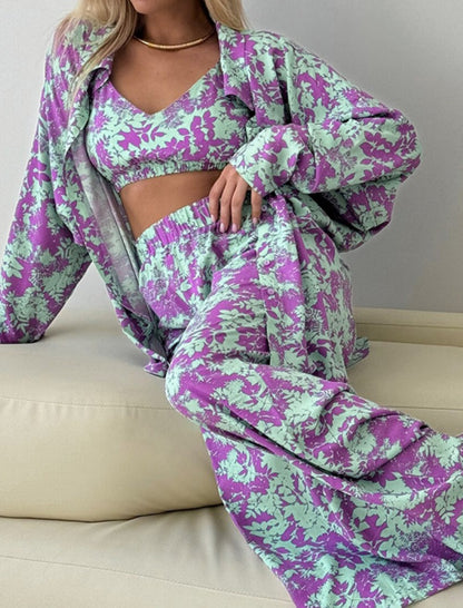 Floral Printed Matching Set with Wide-Leg Pants