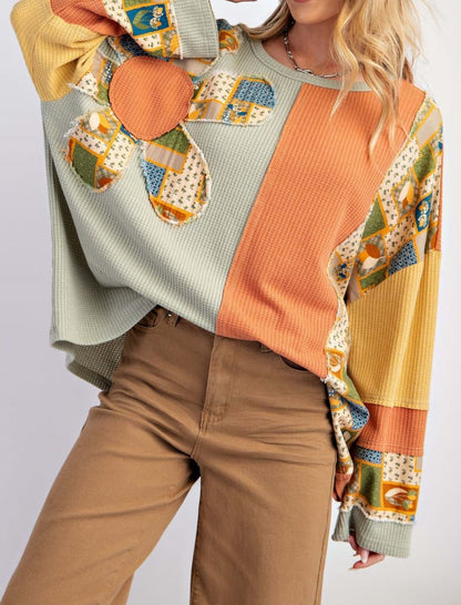 Patchwork Oversized Waffle Knit Top