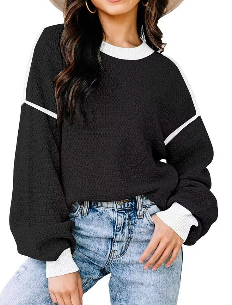 Oversized Waffle Knit Sweater with Contrast Stitching