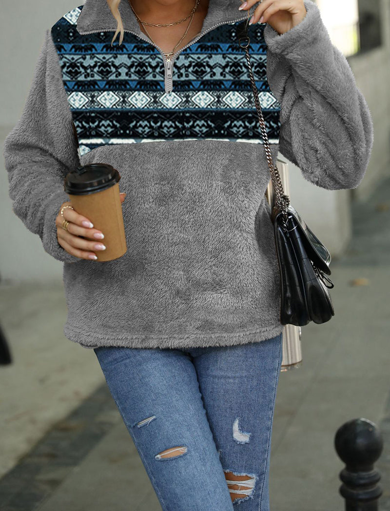 Plush Floral Half-Zip Stand Collar Pullover