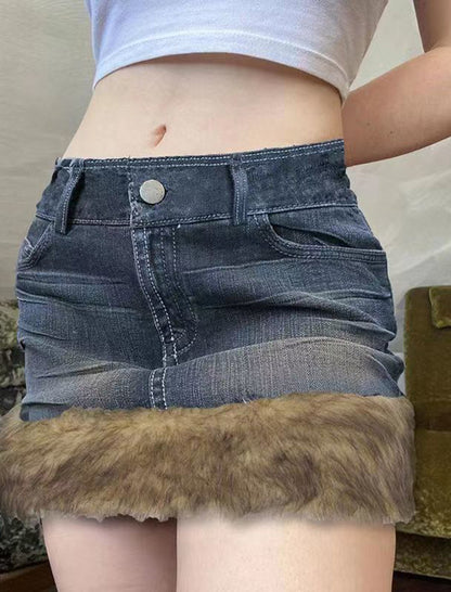 Denim Mini Skirt with Faux Fur Trim