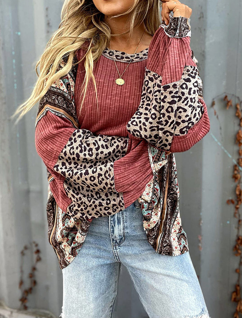 Leopard Patchwork Sleeve Top