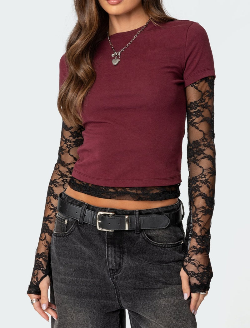 Faux Two-Piece Long Sleeve Crewneck Tee