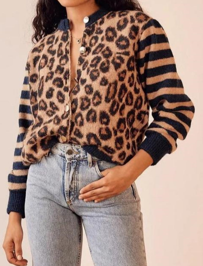 Leopard Print Knit Cardigan with Striped Sleeves