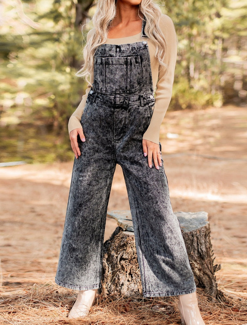 Wash Effect Wide-Leg Overalls