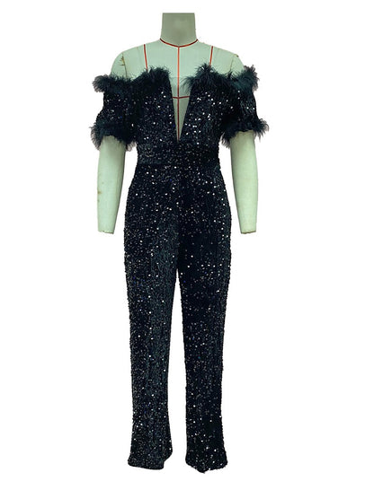 Sequin Feather Embellished Jumpsuit