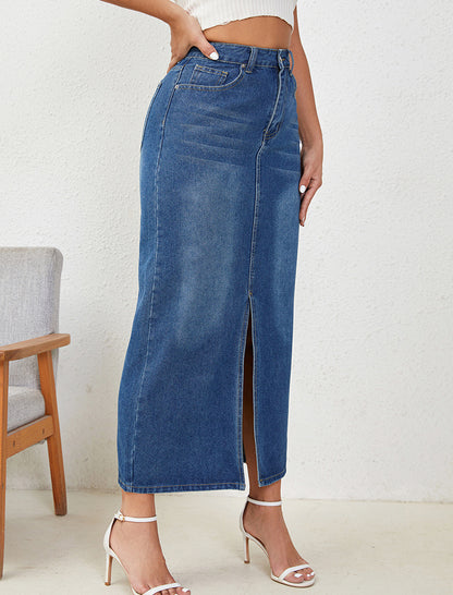 High-Rise Denim Split-Hem Maxi Skirt