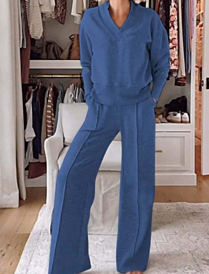 Ribbed Loungewear Set with Wide-Leg Pants