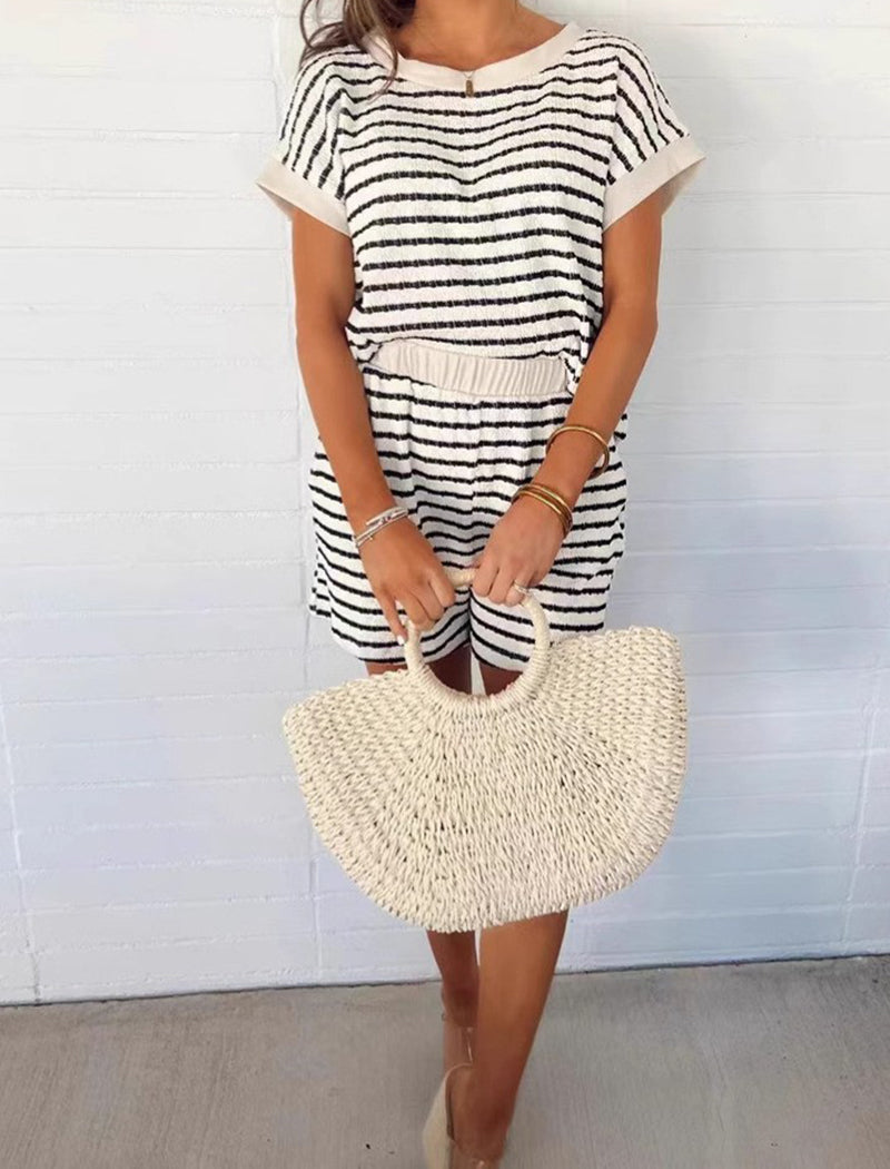 Striped Short Sleeve Top and Casual Shorts Set