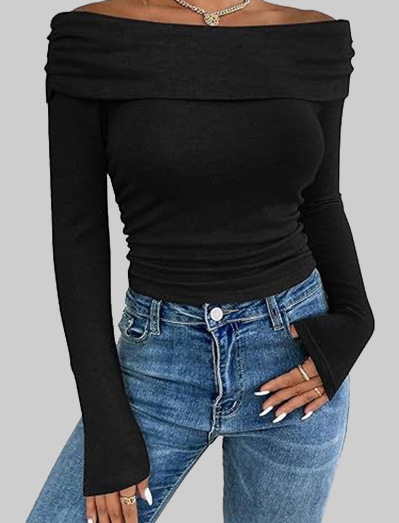 Off-Shoulder Long Sleeve Slim Fit Top