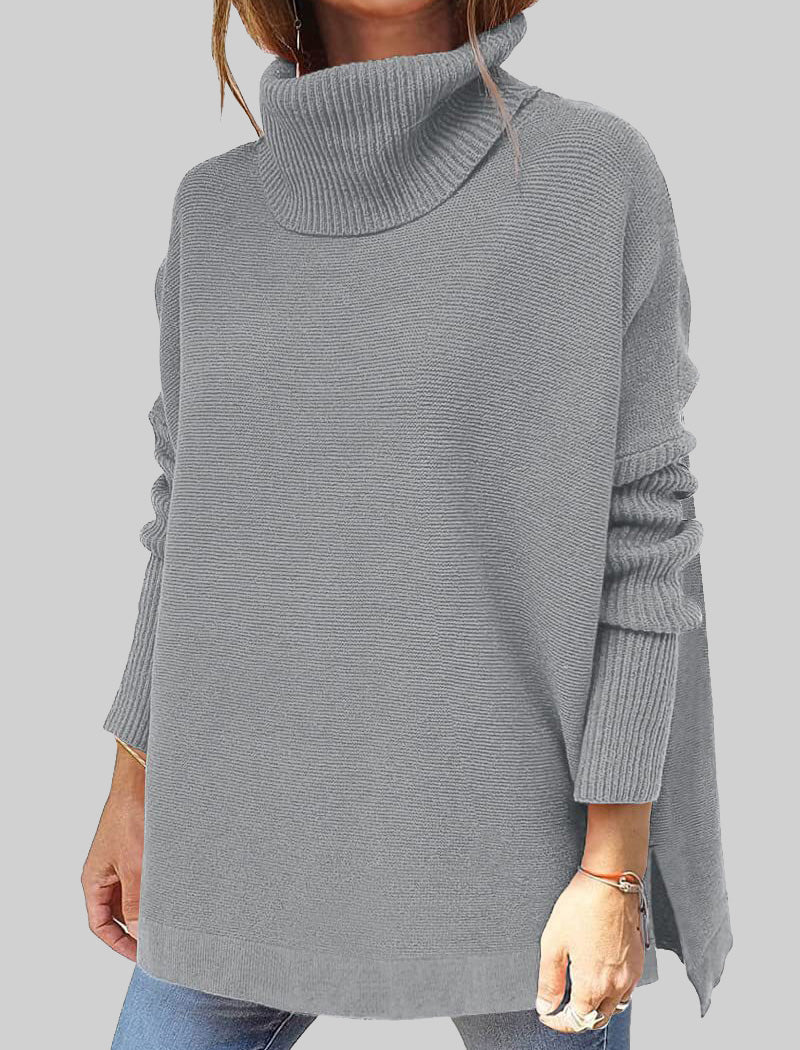 High Neck Batwing Sleeve Slit Hem Waist-Tie Sweater