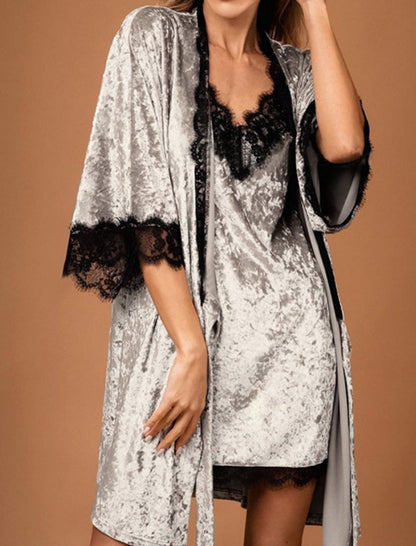 Velvet Lace Trim Robe and Nightgown Set