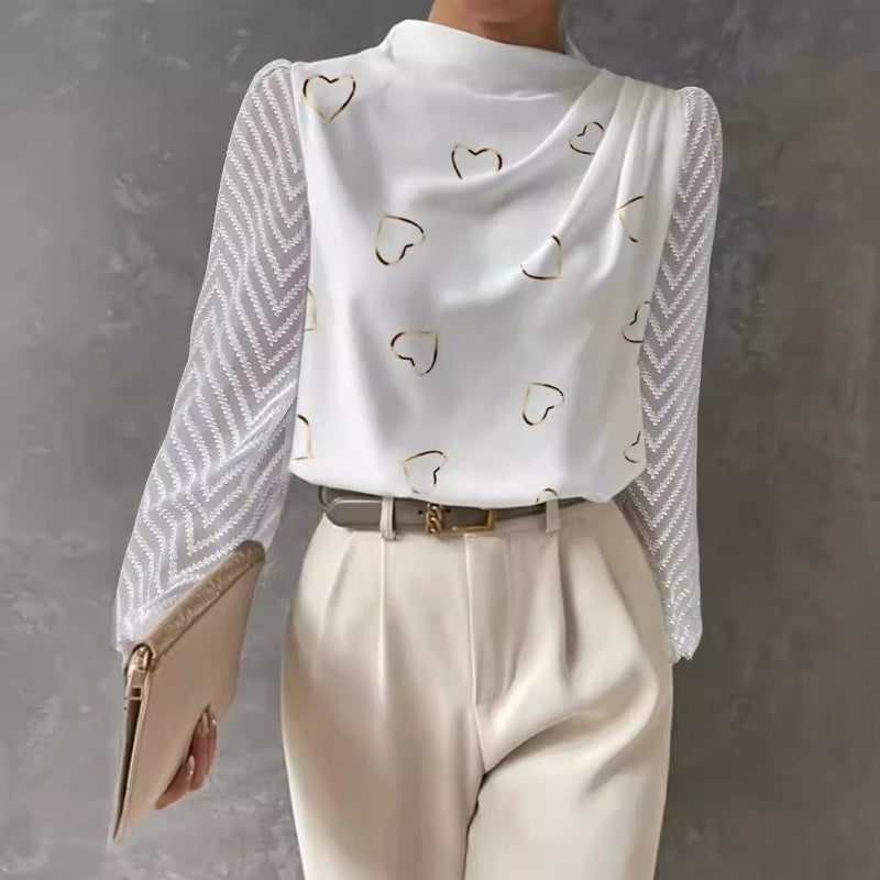 Heart Print Sheer Sleeve Blouse