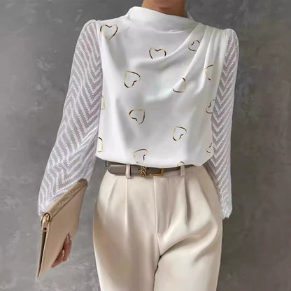 Heart Print Sheer Sleeve Blouse