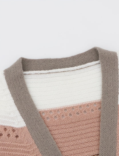 Striped Patchwork Knit Cardigan with Open Front