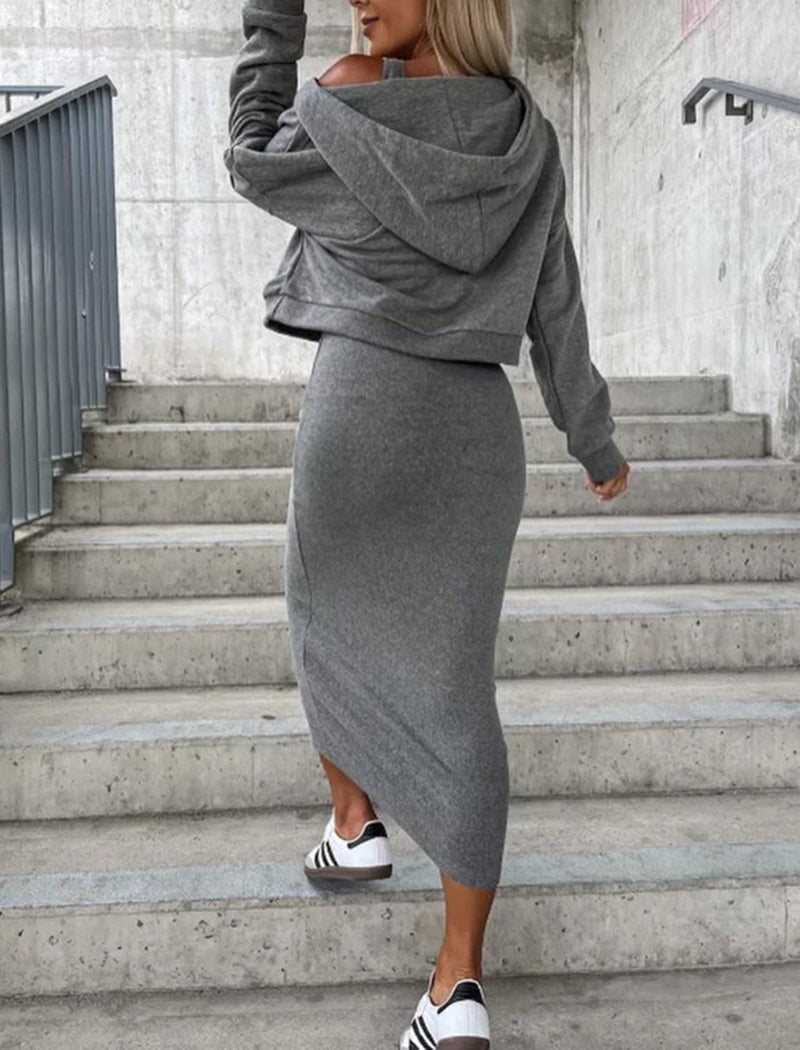 Hooded V-Neck Top and Sleeveless Midi Dress Set