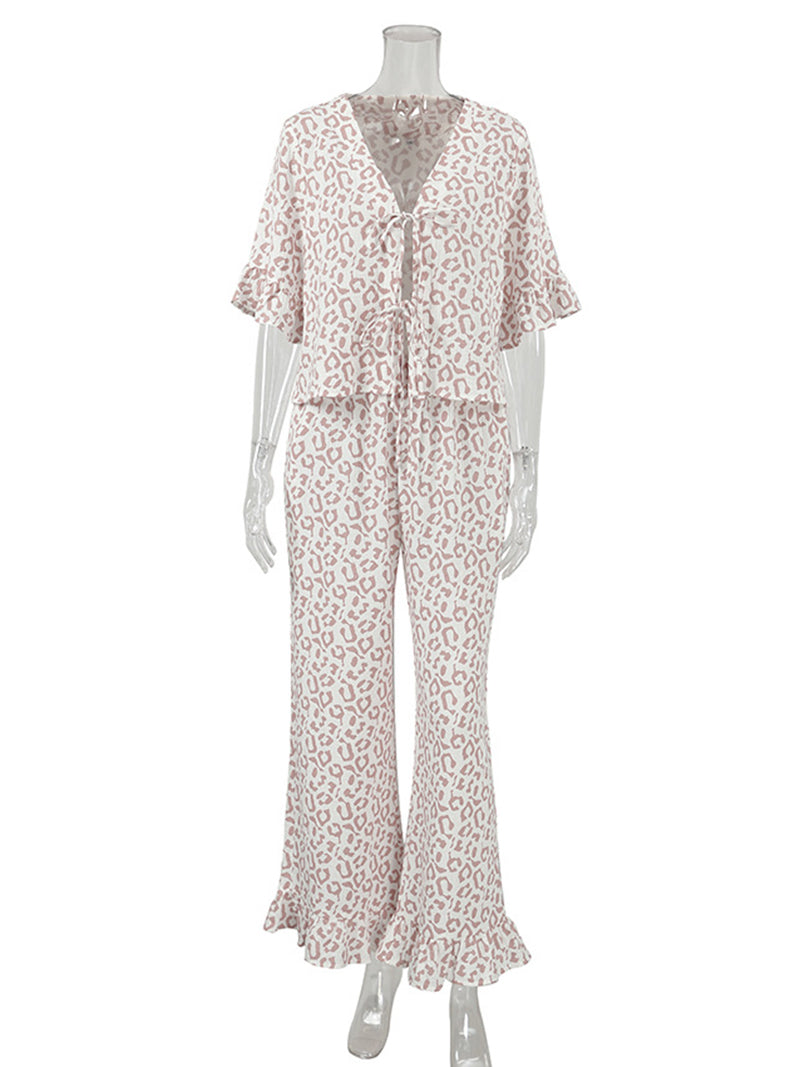 Ruffle Hem Tie-Front Top and Wide-Leg Pants Pajamas Set