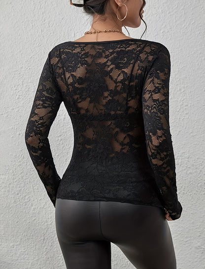 V-Neck Lace Bodycon Long Sleeve Top