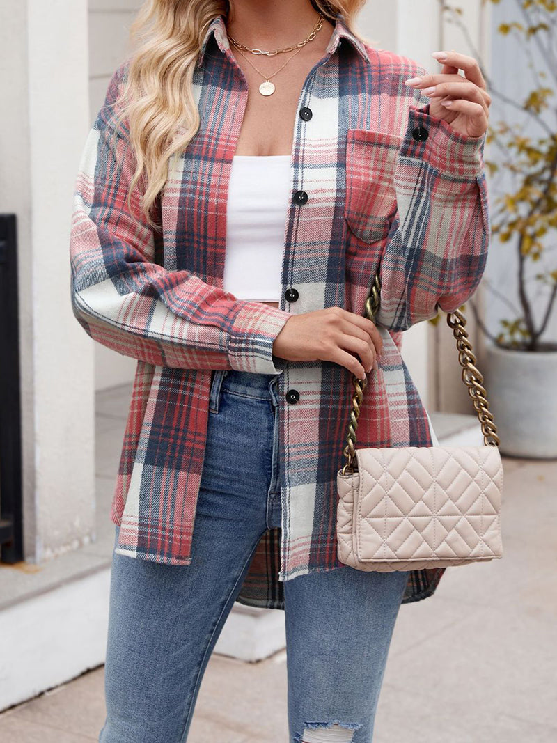 Plaid Curved-Hem Button-Up Shirt